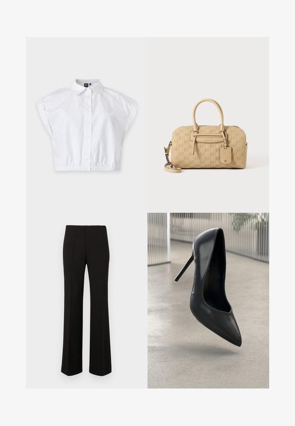 Camisa blanca de manga corta, corta, con botones, cuello y dobladillo elástico, colocada plana sobre un fondo blanco.; Pantalones rectos negros a medida con cintura alta y pliegues frontales, exhibidos sobre un fondo liso.; Zapato de tacón alto de cuero negro con punta afilada, diseño elegante y sin herrajes visibles. Textura suave y estilo minimalista.; Bolso beige de Michael Kors con patrón MK en relieve, asas dobles, bolsillo delantero con cremallera y correa de hombro desmontable sobre fondo blanco.