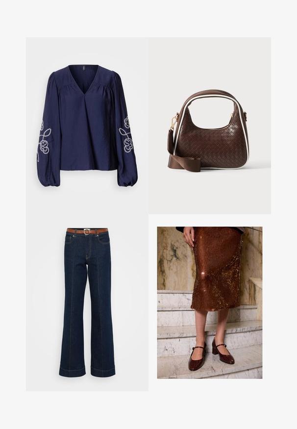 Marineblå bluse med V-hals, rynkede detaljer og lange puffede ærmer med hvid blomsterbroderi på manchetterne.; Mørkeblå denim flared jeans med et brunt bælte, der har kontraststing, to frontlommer og en opsmøgning i kanten.; Kvinne iført en brun paljettemidi-skjørt og mørkebrune krokodille-teksturerte Mary Jane-hæler som står på marmortrapper.; Brun vævet læderhåndtaske med hvid piping, guldfarvet lynlås og aftagelig brun stofskulderrem.
