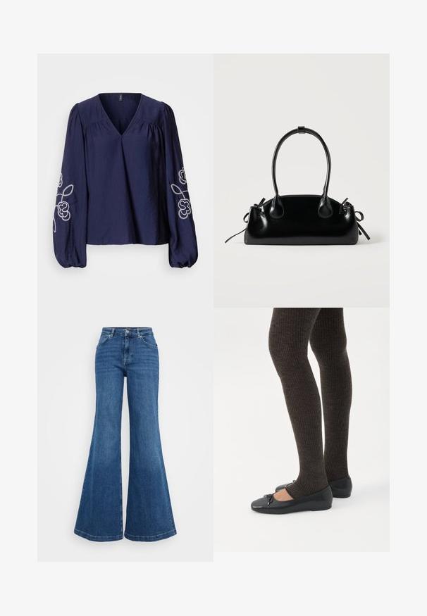 Marineblauwe blouse met V-hals, geplooide details en lange pofmouwen met witte bloemrijke borduring op de manchetten.; Blauwe denim flared jeans met een hoge taille, voorzien van een klassieke vijf-pocketontwerp en een gladde textuur. De zoom is breed en afgewerkt.; Benen met donkere geribbelde leggings gecombineerd met zwarte ballerina's met kleine strikdetails op een witte achtergrond.; Kleine zwarte glanzende handtas met twee lange hengsels en zijkant trekkoord details op een effen lichte achtergrond.