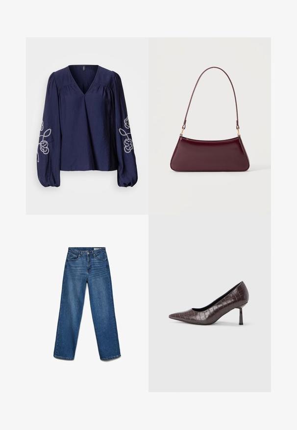 Blusa azul marino con escote en V, detalles fruncidos y mangas largas abullonadas con bordado floral blanco en los puños.; Vaqueros azules de pierna recta con botón y cremallera delanteros, cinco bolsillos y detalles sutiles de desgaste en los muslos.; Tacones puntiagudos de cuero sintético marrón con textura de cocodrilo, con un tacón delgado y angular y un forro interior suave.; Bolso brillante de color burdeos oscuro con un asa fina y única y una forma elegante de trapecio sobre un fondo claro y liso.