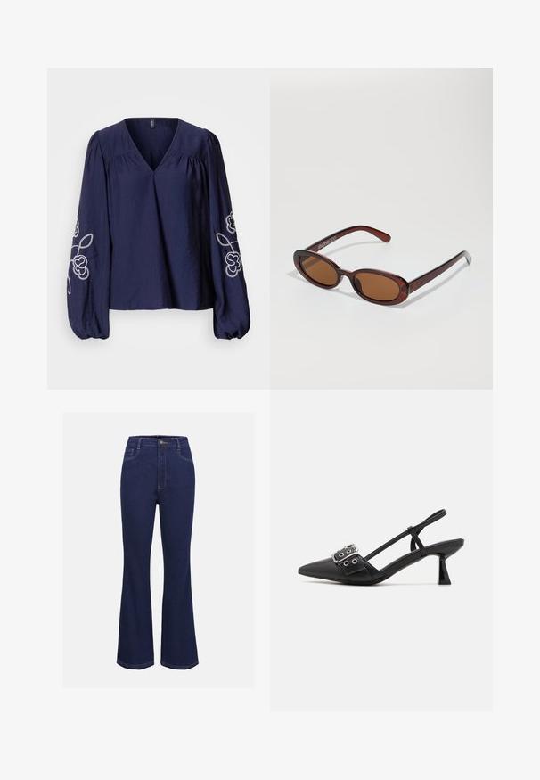 Marineblauwe blouse met V-hals, geplooide details en lange pofmouwen met witte bloemrijke borduring op de manchetten.; Donkerblauwe denim flared jeans met een hoge taille, standaard knoopsluiting en voorzakken. Kenmerkt zich door contrasterende stiksels en een gladde textuur.; Simmi London DALA - Klassieke pumps - black; Ronde, bruin getinte zonnebril met een glanzend bordeauxrood frame. Slanke pootjes met subtiele merkdetails. Vlakke lensontwerp.