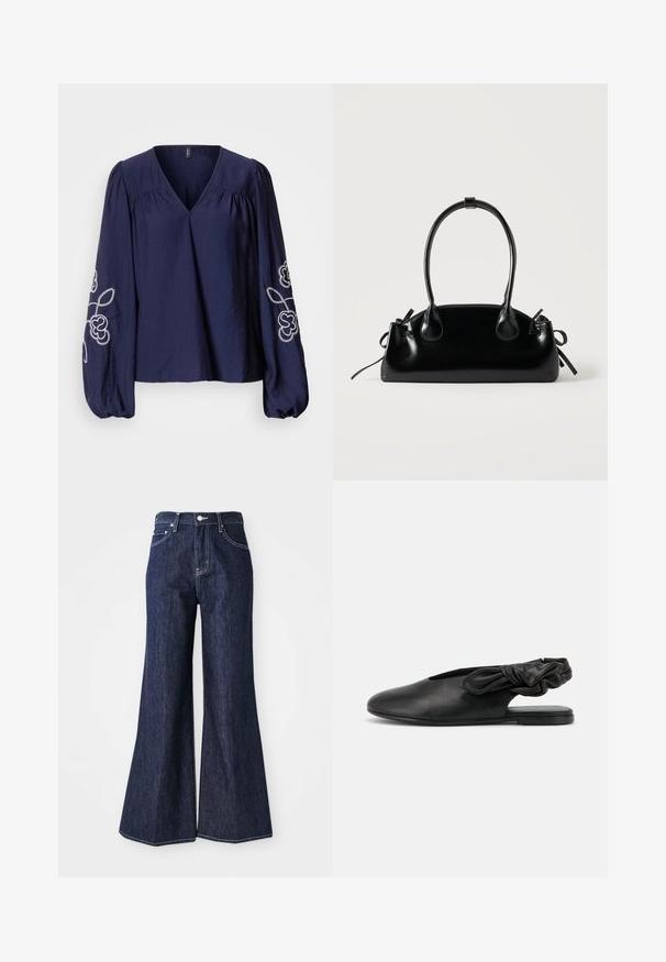 Marineblå bluse med V-hals, rynkede detaljer og lange puffede ærmer med hvid blomsterbroderi på manchetterne.; Mørke denim flared jeans med høj talje, der har knap- og lynlåslukning. Hvide syninger og brede ben skaber en struktureret silhuet.; Sort flad dameslynge sko med spids tå og rynket elastisk rem ved hælen mod en hvid baggrund.; Lille sort blank håndtaske med to lange håndtag og snøre-detaljer i siden på en ensfarvet lys baggrund.
