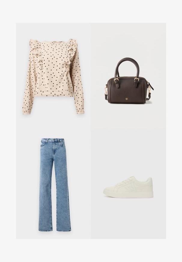Beige pitkähihainen paita mustilla pallokuvioilla, jossa on röyhelöityjä paneeleja olkapäiltä alas etuosaan ja napilliset kalvosimet.; Noisy May Straight fit NMYOLANDA - Leveälahkeiset - medium blue denim; Valkoiset kangaskengät matalalla varrella, joissa on tekstuuripinta, pyöreät kärjet ja samansävyiset nauhat. Huomaamatonta sivupinta-alaa.; Tummanruskea nahkainen käsilaukku, jossa kaksi yläkahvaa, irrotettava olkahihna, kullanväriset soljet, vetoketjusuljenta ja pieni pyöreä logo edessä.