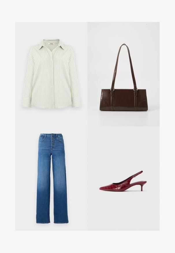 Lysegrøn skjorte med knapper og tynde, lodrette mørkeblå striber, lange ærmer og en spids krave, lagt fladt på en neutral baggrund.; Vidde denim jeans i blå med høj talje og fem knaplukninger. Har klassisk syning og en ren kant.; Bordeaux læder slingback pumpe med krokodillestruktur, spidse tæer, justerbar spænde rem og lav kitten hæl på en hvid baggrund.; Brun lakeret håndtaske med rektangulær form, to lange håndtag og subtile buede detaljer på fronten.
