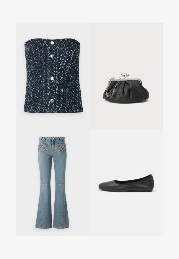 Corset sans bretelles en tissu texturé noir et gris avec quatre boutons-pression argentés alignés au centre devant.; Jean flare bleu clair en denim, avec une ceinture tressée et des poches matelassées. Présente une taille ajustée et des jambes larges.; Ballerines en cuir noir avec un bout rond, texture lisse, détails de couture minimalistes et design de semelle flexible.; Porte-monnaie en cuir noir avec texture froncée, cadre en métal argenté, fermeture à verrouillage kiss-lock et bandoulière en chaîne. Surface lisse et douce.