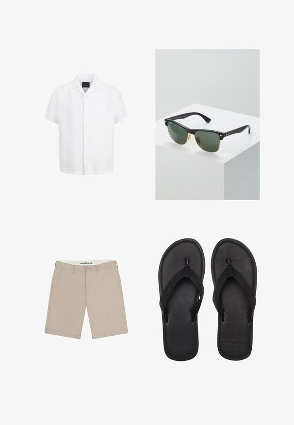 Camisa blanca de manga corta con botones, cuello abierto y etiqueta negra en el interior del cuello sobre un fondo blanco.; Pantalones cortos beige con una mezcla suave de algodón, que cuentan con cierre de botón, trabillas para cinturón y dos bolsillos laterales. Corte entallado con líneas limpias.; Chanclas negras hechas de material suave, con una tira estilo thong, planta texturizada y logo en relieve en la suela.; Gafas de sol Ray-Ban con lentes verdes, montura de plástico negro y acentos dorados en los bordes. Forma cuadrada con acabado mate.