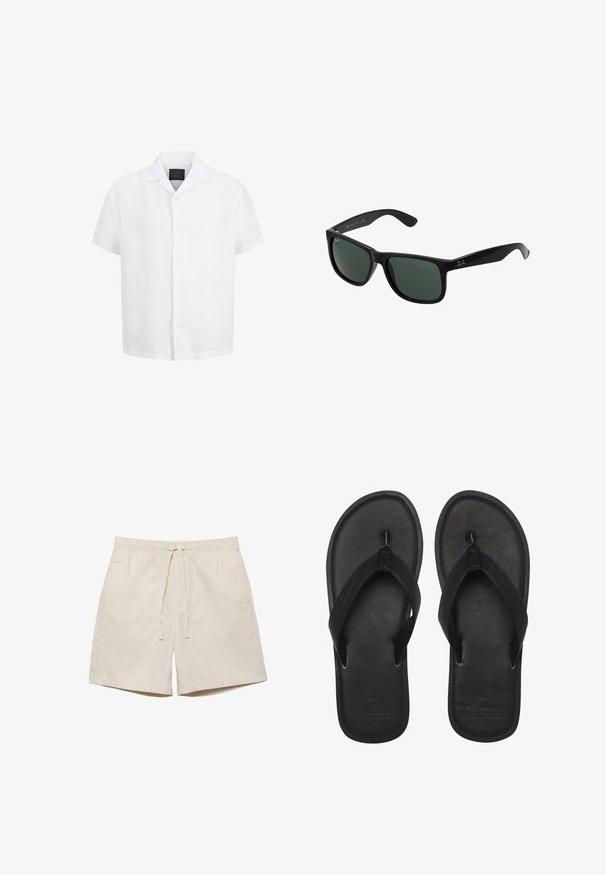 Chemise blanche à manches courtes avec boutons, col ouvert et étiquette noire à l'intérieur du col sur fond blanc.; Shorts décontractés beige avec taille élastique et cordon de serrage, longueur au genou, en tissu léger.; Tongs noires en matériau lisse, avec une sangle de style entre-doigts, un semelle texturée, et un logo en relief sur la semelle.; Lunettes de soleil en plastique noir avec des verres verts, présentant une monture carrée, une finition lisse et le logo Ray-Ban bien visible sur les branches.