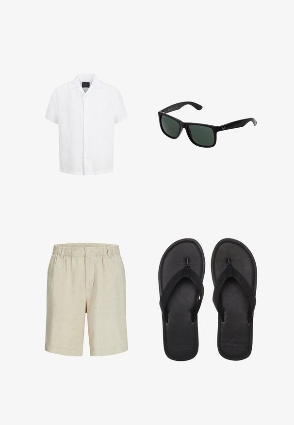 Camisa blanca de manga corta con botones, cuello abierto y etiqueta negra en el interior del cuello sobre un fondo blanco.; Pantalones cortos beige hasta la rodilla con cintura elástica, trabillas para cinturón, cierre delantero con botón y cremallera, hechos de tela ligera.; Chanclas negras hechas de material suave, con una tira estilo thong, planta texturizada y logo en relieve en la suela.; Gafas de sol de plástico negro con lentes verdes, que cuentan con un marco cuadrado, acabado liso y el prominente logo de Ray-Ban en las patillas.
