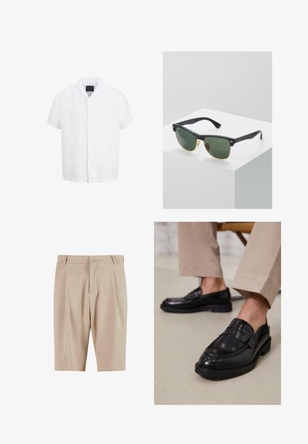 Hvid kortærmet skjorte med knapper, åben krave og sort mærkat inde i nakken mod en hvid baggrund.; Beige skræddersyede shorts med plisseringer, der har en knaplukning og klassisk design. Glat tekstur, knælængde og ingen synlige lommer.; Sorte lædermokkasiner med en glat overflade, der har en dekorativ rem og kontraststing, parret med beige bukser.; Ray-Ban solbriller med grønne linser, sorte plastikstel og gyldne detaljer ved kanterne. Firkantet form med mat finish.