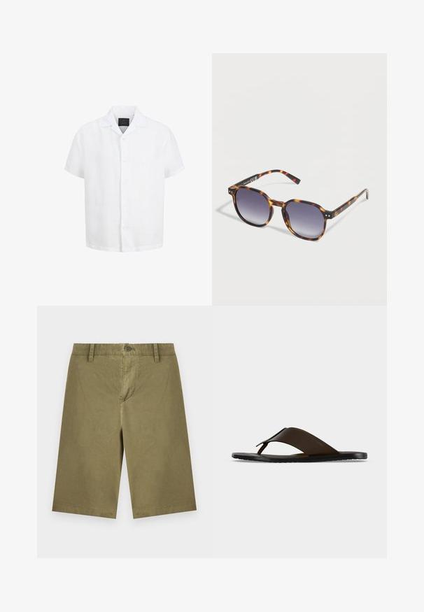 Chemise blanche à manches courtes avec boutons, col ouvert et étiquette noire à l'intérieur du col sur fond blanc.; Shorts décontractés longueur genou vert olive avec fermeture bouton et zip, passants de ceinture et design avant épuré.; Sandale tong en cuir marron foncé avec une large sangle à la cheville et une semelle plate noire, montrée de profil sur fond gris.; Lunettes de soleil rectangulaires en écaille de tortue avec des verres à dégradé sombre, posées sur une surface blanche, inclinées pour montrer les détails du cadre côté gauche.