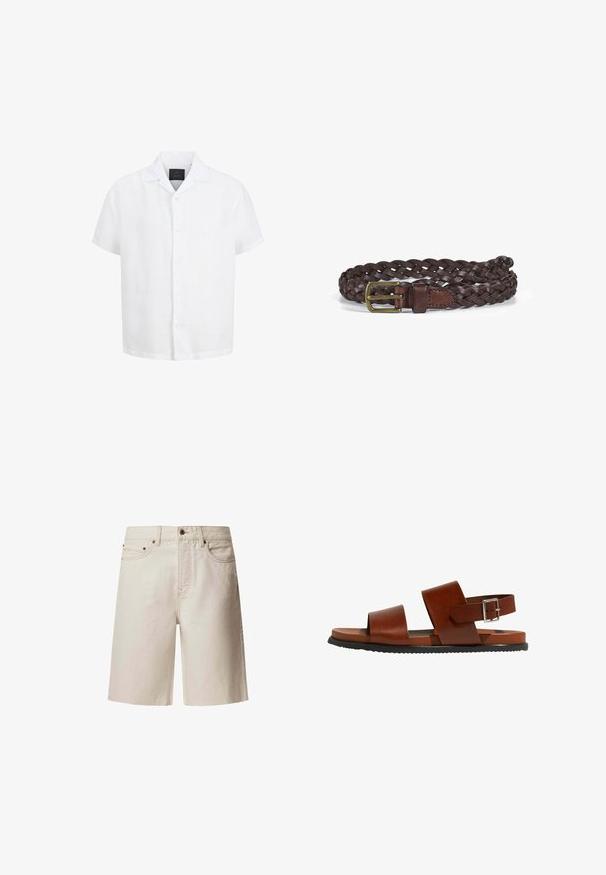 Hvid kortærmet skjorte med knapper, åben krave og sort mærkat inde i nakken mod en hvid baggrund.; Beige denim shorts med lige snit, fem lommer, topknap og bæltesløjfer. Glat tekstur med subtile sømdetaljer.; Brune lædersandaler med to brede stropper og en justerbar ankelspænde. Har en flad sål og en struktureret sort gummisål.; Brun flettet læderbælte med en messingspænde og en glat læderrem. Teksturen er vævet og viser et klassisk design.