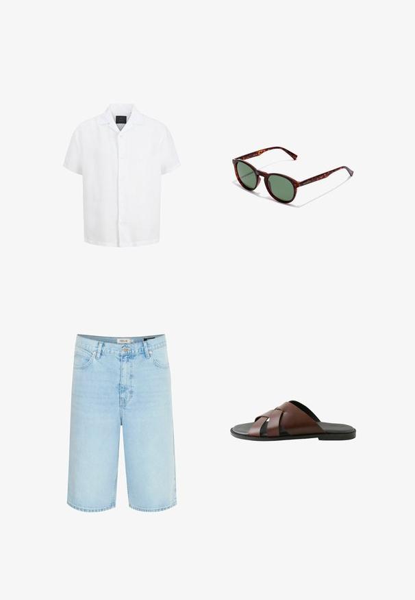 Weißes kurzärmeliges Hemd mit Knopfleiste, offenem Kragen und schwarzem Etikett an der Innenseite des Kragens vor weißem Hintergrund.; Hellblaue Jeansshorts mit entspannter Passform, fünf Taschen-Design, einfache Knopfverschluss und Kontrastnähte entlang der Nähte.; Braune Herren-Pantoletten aus Leder mit gekreuzten Riemen und schwarzer Sohle, seitlich auf weißem Hintergrund dargestellt.; Braune Schildpatt-Sonnenbrille mit runden Rahmen, grünen Gläsern und gemusterten Bügeln. Mit Markenlogo an einem Bügel.