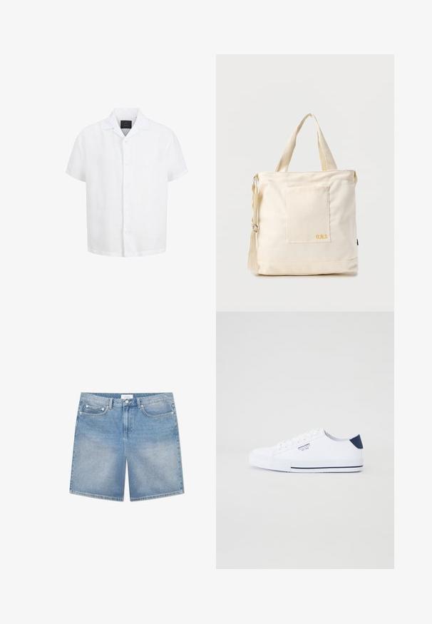 Wit overhemd met korte mouwen, knopen, open kraag en zwart label aan de binnenkant van de hals tegen een witte achtergrond.; Lichtblauwe denimmerken met een rechte snit, vijf zakken, subtiele vervaging en een merklabel op de tailleband. Katoenen materiaal met klassieke stiksels.; Witte canvas sneakers met een marineblauwe hielaccent, platte rubberen zool, ronde neus en witte veters. Kenmerkt logo op de zijkant.; Crèmekleurige canvas boodschappentas met voorvak, twee handvatten, verstelbare schouderriem en kleine gele "O.N.S" tekst rechtsonder op het vak.