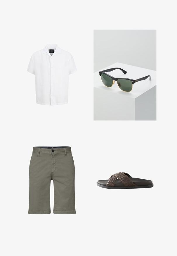 Weißes kurzärmeliges Hemd mit Knopfleiste, offenem Kragen und schwarzem Etikett an der Innenseite des Kragens vor weißem Hintergrund.; Khakishorts aus einem glatten Baumwollmischmaterial, mit einem Reißverschluss, einem Knopfverschluss und Fronttaschen. Gerades Bein Design, knielanger Schnitt.; Dunkelbraune Herrensandale mit gewebten, gekreuzten Lederriemen und schwarzer Sohle auf weißem Hintergrund.; Ray-Ban Sonnenbrillen mit grünen Gläsern, schwarzen Kunststoffrahmen und goldenen Akzenten an den Rändern. Quadratische Form mit matter Oberfläche.