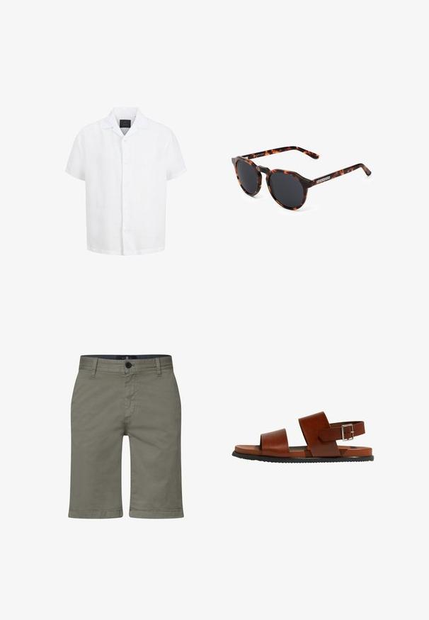 Wit overhemd met korte mouwen, knopen, open kraag en zwart label aan de binnenkant van de hals tegen een witte achtergrond.; Khaki shorts van een gladde katoenmix, met een rits, knoopsluiting en voorzakken. Rechtestraat ontwerp, knielange pasvorm.; Bruine leren sandalen met twee brede banden en een verstelbare enkelgesp. Heeft een vlakke zool en een gestructureerde zwarte rubberen buitenzool.; Ronde zonnebril met een schildpadpatroon montuur, zwarte lenzen en een matte afwerking. Heeft een merklogo op de sleuf.