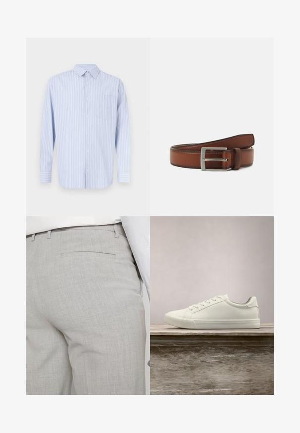 Chemise bleu clair à boutons, rayures blanches verticales, col pointu, manches longues et poche poitrine. Tissu en coton avec une texture lisse.; Pantalon gris clair sur mesure en tissu texturé, avec une seule poche arrière et des coutures nettes.; Sneaker en dentelle blanche flottant au-dessus d'un banc en bois avec un feuillage vert en arrière-plan, mettant en valeur le design et la texture de la chaussure.; Ceinture en cuir brun avec une boucle rectangulaire en argent, présentant des détails de couture subtils et une texture lisse.