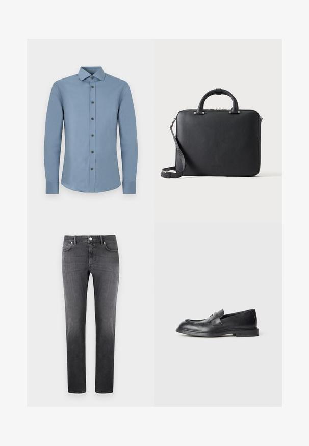 Chemise homme à manches longues à boutons, de couleur bleu uni et mat, avec col pointu et poignets boutonnés, présentée à plat sur un fond blanc.; Jean denim gris slim pour hommes, avec bouton et fermeture éclair à l'avant, style cinq poches, présenté à plat sur un fond clair.; Mocassins en cuir noir avec une finition texturée, dotés d'une bride décorative à l'avant et d'un bout arrondi. Semelle en caoutchouc pour plus de durabilité.; Mallette en cuir noir texturé avec double poignée, bandoulière amovible et fermeture éclair supérieure sur un fond clair uni.