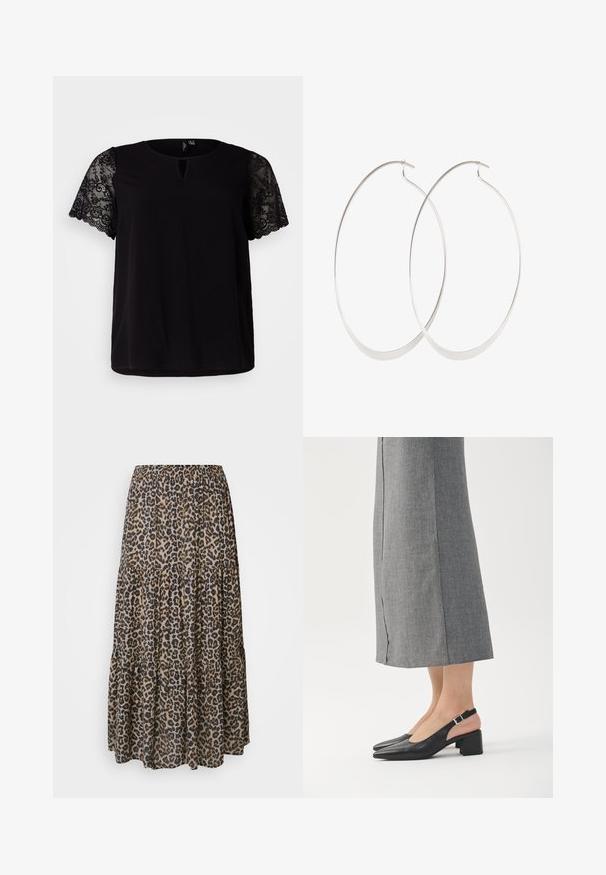 Sort top med korte blonderærmer, rund hals med nøglehul detalje og en afslappet pasform. Glat stof med blomsterlacemateriale.; Maxi nederdel med leopardprint, elastisk talje, lagdelt design og blødt, let materiale i nuancer af brun, sort og beige.; Sorte læder slingback sko med spids tå, blokhæl og kontrasterende lyserød hælafslutning. Glat tekstur med minimalistisk design.; Sølv hoops øreringe med et tyndt, glat design; langstrakt oval form; poleret finish; har en sikker krog lukning.