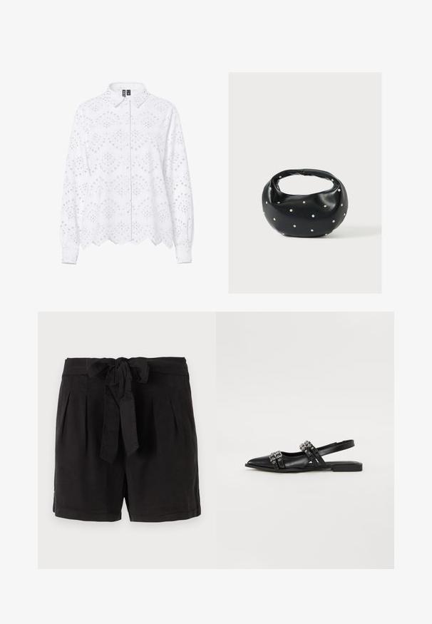 Weiße Bluse mit langen Ärmeln, Lochstickerei, gewelltem Saum und Bündchen, durchgehendem Knopfverschluss und klassischem Kragen.; Schwarze Baumwollshorts mit einem Bindegürtel in der Taille, Falten an der Vorderseite und Seitentaschen. Glatte Textur und lässiges Design.; Even&Odd Sling-Ballerina - black; Schwarze Lederhandtasche mit abgerundeter Form, verziert mit silbernen Nietenakzenten und kurzem Griff. Glatte Struktur und Reißverschlussverschluss.