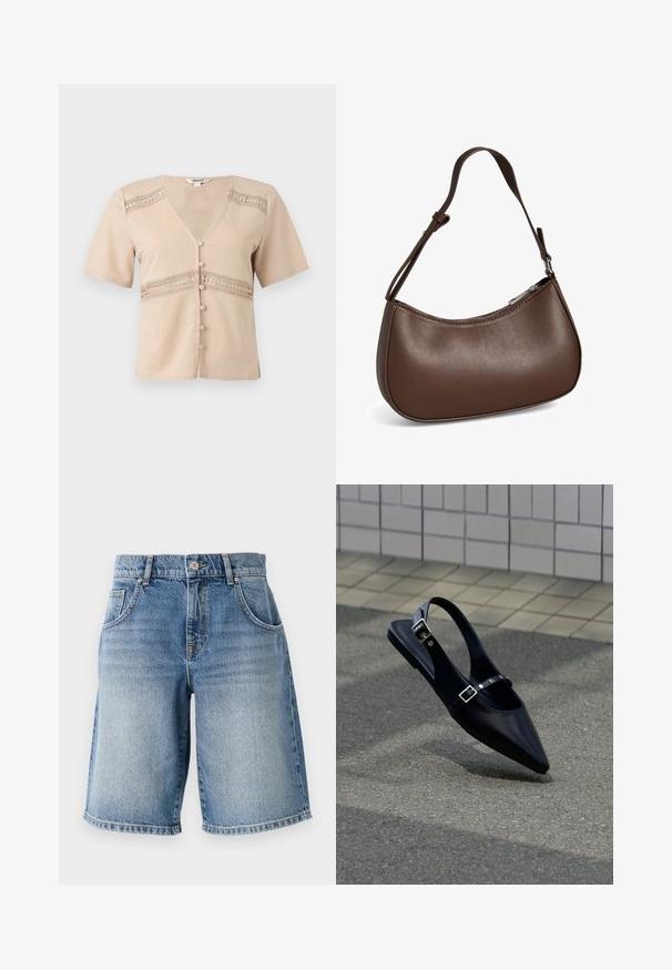 Beige kurzärmelige, taillierte Bluse mit V-Ausschnitt, Spitzeneinsätzen auf Brust und Bauchbereich und stoffbezogenen Knöpfen vorne.; Hellblaue Denim-Shorts mit geradem Schnitt, fünf Taschen und bronzefarbenen Beschlägen. Mit fransigem Saum und einer ausgewaschenen Waschung.; Schwarzer Slingback-Flachschuh mit spitz zulaufender Spitze und doppelten Schnallenriemen, ruhend auf grauem Asphalt nahe einer gefliesten Wand.; Kleine braune Lederschultertasche mit verstellbarem Riemen und Reißverschluss, vor weißem Hintergrund. Kein sichtbares Branding oder Verzierung.
