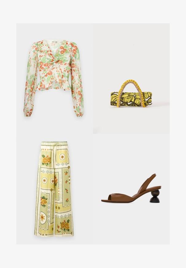 Diane von Furstenberg MARY - Chemisier - marlene batik ivory; Pantalon à jambes larges avec motifs patchwork floraux et géométriques jaune clair, ceinturé d'une bande élastique et d'un cordon de serrage.; Sandale marron à bout ouvert avec bride arrière, dotée d'un talon en bois rond distinctif en deux parties sur un fond clair uni.; Sac rectangulaire avec motif floral jaune et noir et anse tressée jaune et rose sur fond blanc.