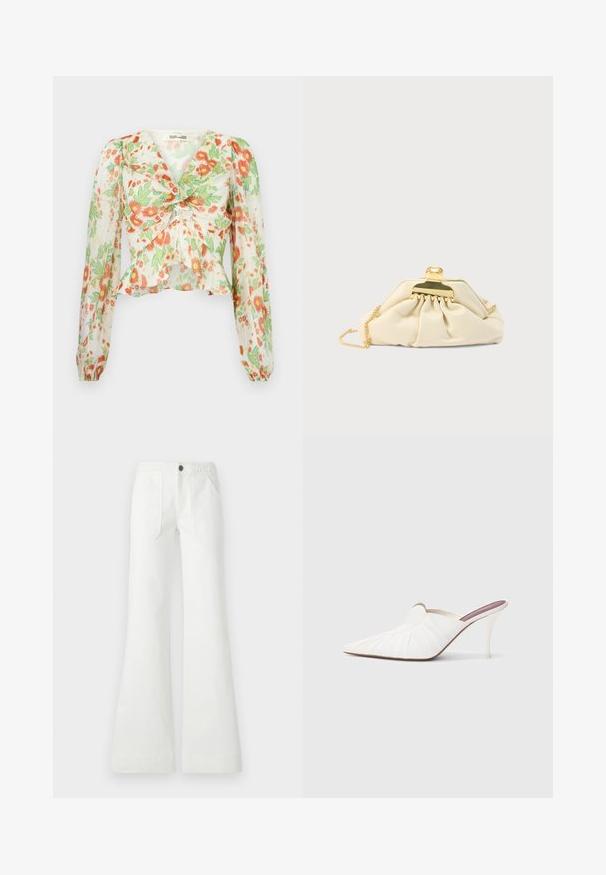 Diane von Furstenberg MARY - Πουκαμίσα με κουμπιά - marlene batik ivory; Λευκά φαρδιά παντελόνια από υφασμένο ύφασμα, με πλεγμένο ζωνάκι, δύο μπροστινές τσέπες και λεία υφή. Κλείνουν με μαύρο κουμπί.; Λευκά μύλα με μυτερή μύτη, ριγωτή υφή στο πάνω μέρος και λεπτό τακούνι στιλέτο. Λεία επιφάνεια και μίνιμαλ σχεδιασμός.; Τσαντάκι χειρός σε κρεμ χρώμα από απαλό υλικό, με χρυσό κλείσιμο και λουρί αλυσίδα, με σχεδιασμό ραμμένο σε πτυχώσεις στο σώμα.