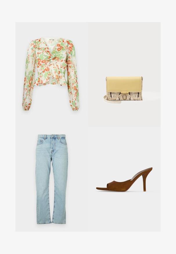 Diane von Furstenberg MARY - Blúzka so zapínaním na gombíky - marlene batik ivory; Svetlomodré denimové džínsy so strihom rovného nohavice. Obsahujú päť vreciek, kovové zapínanie na gombík a mierne vyblednutú textúru.; Hnedý semišový mule s otvorenou špičkou, štíhlym vysokým podpätkom a slip-on dizajnom na obyčajnom pozadí.; Malá listová kabelka so žltou koženou pätkou a telo s hadím vzorom, s tenkým remienkom na zápästie a zlatým zapínaním na jednofarebnom pozadí.