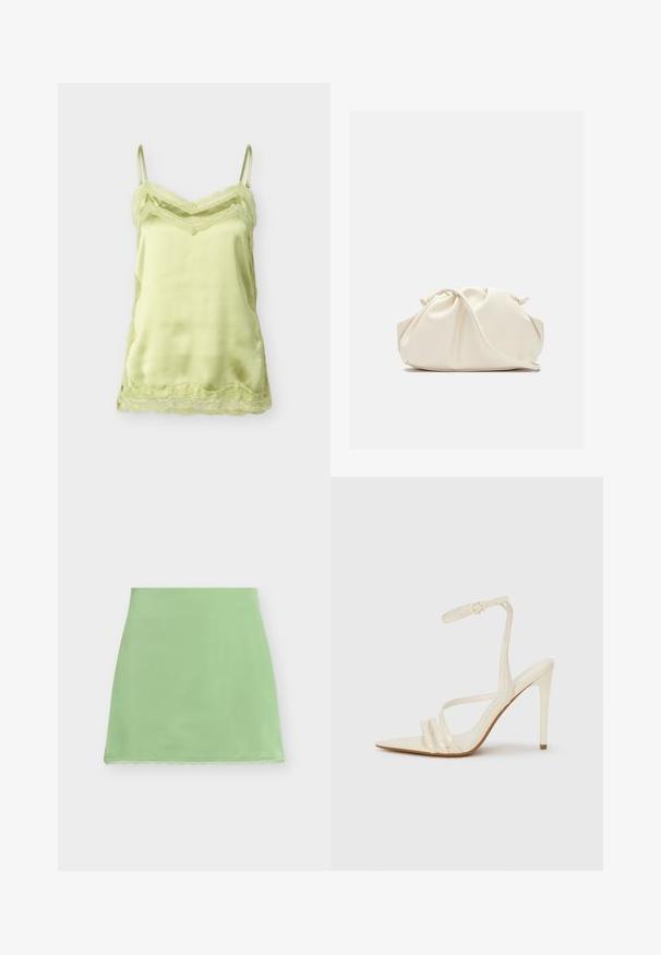 Camisole en satin vert clair avec bordure en dentelle le long de l'encolure, de l'ourlet et des côtés, dotée de fines bretelles réglables.; Jupe longue jusqu'aux genoux de couleur vert clair, coupe droite avec une fine bordure en dentelle au bas, sur fond blanc.; Sandales à talons hauts beiges avec un bout pointu, comportant trois brides à l'avant et une fine bride à la cheville avec une boucle. Texture lisse, design minimaliste.; Pochette en cuir souple couleur crème avec un design froncé et une fine bandoulière reposant à l’avant sur un fond uni.