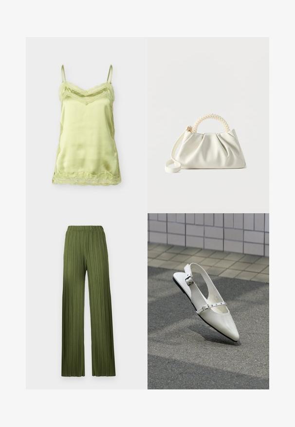 Camisole en satin vert clair avec bordure en dentelle le long de l'encolure, de l'ourlet et des côtés, dotée de fines bretelles réglables.; Pantalons large plissés verts avec une taille élastique. Le tissu texturé présente des rayures verticales pour une apparence fluide.; Chaussure plate slingback blanche pointue avec deux boucles argentées, présentée en extérieur sur un sol texturé et un mur carrelé en arrière-plan.; Petit sac à main blanc avec un corps froncé, une poignée ronde ornée de perles et une bandoulière amovible sur un fond uni.
