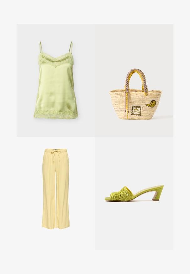 Camisole en satin vert clair avec bordure en dentelle le long de l'encolure, de l'ourlet et des côtés, dotée de fines bretelles réglables.; Pantalon femme ample jaune pastel avec taille élastique et cordon à l'avant, en tissu léger.; Mule à talon ouvert vert citron avec dessus en cuir tressé et talon bloc de hauteur moyenne sur fond uni.; Sac cabas en paille tissée avec des anses tressées jaunes et beige, décoré d'un patch banane et d'un petit motif poisson encadré à l'avant.