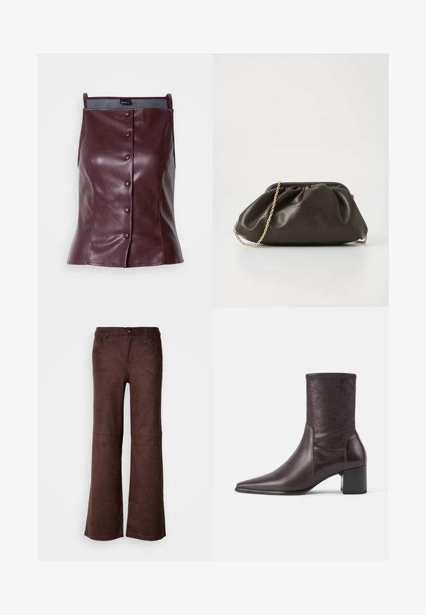 Top sans manches bourgogne en simili cuir avec une coupe ajustée. Présente une fermeture à boutons à l'avant et une texture lisse et brillante.; Pantalons évasés marron en tissu doux semblable à du daim. Comprend quatre poches, une fermeture à bouton et une surface lisse et texturée.; Botte en cuir brun foncé mi-mollet avec un bout pointu et un talon bloc, finition lisse, et détails de coutures le long des côtés.; Sac à main en cuir marron avec un design froncé, une bandoulière en chaîne dorée et une finition douce et texturée. Sa forme compacte est idéale pour une utilisation en soirée.