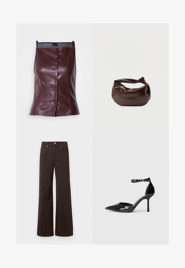 Top sin mangas burdeos de cuero sintético con un ajuste entallado. Presenta un cierre frontal con botones y una textura suave y brillante.; Vaqueros de pierna ancha marrones con un sutil patrón de leopardo, confeccionados en denim con una textura suave y un clásico diseño de cinco bolsillos.; Zapato de charol negro de tacón alto con punta afilada, correa en el tobillo y tacón de aguja delgado; textura suave y brillante con un diseño minimalista.; Bolso de hombro de cuero marrón oscuro con una forma suave y caída, y un asa con nudo torcido sobre un fondo blanco liso.