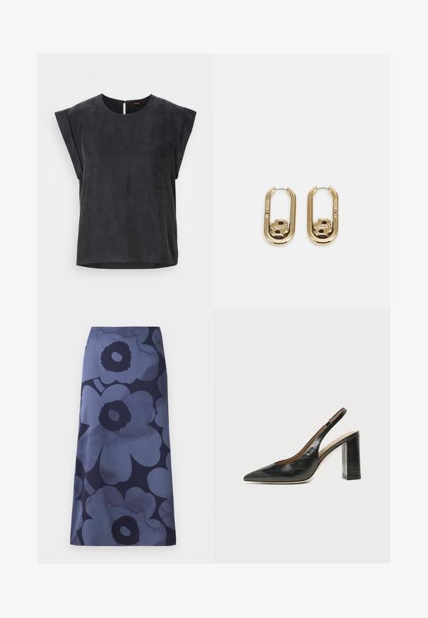 Top negro de manga corta con escote redondo y diseño minimalista. Textura suave con un brillo sutil, que cuenta con un cierre de ojal en la parte posterior.; Falda midi con estampado floral que presenta grandes flores azul oscuro sobre un fondo azul más claro; la tela parece suave con una textura ligeramente brillante.; Zapato slingback de piel negra con puntera puntiaguda, tacón alto y ancho, y forro interior beige sobre un fondo claro y liso.; BOSS DOUBLE B SWING - Pendientes - gold-coloured