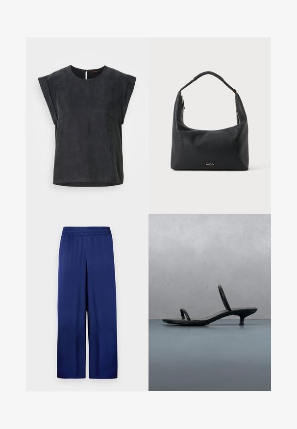 Sort kortærmet top med rund halsudskæring og minimalistisk design. Glat tekstur med en subtil glans, der har en nøglehulslukning i ryggen.; Marineblå buks med bred ben, med elastisk talje, lavet af glat stof, der har et enkelt og funktionelt design uden synlige mønstre.; Sort Calvin Klein sandal med hæl og tynde stropper, balancerende på træfliser udendørs nær en væg og grønne planter.; Sort skuldertaske i læder med flettet hank, guldlåsdetalje og lille gyldent "HUGO"-logo på fronten midt.