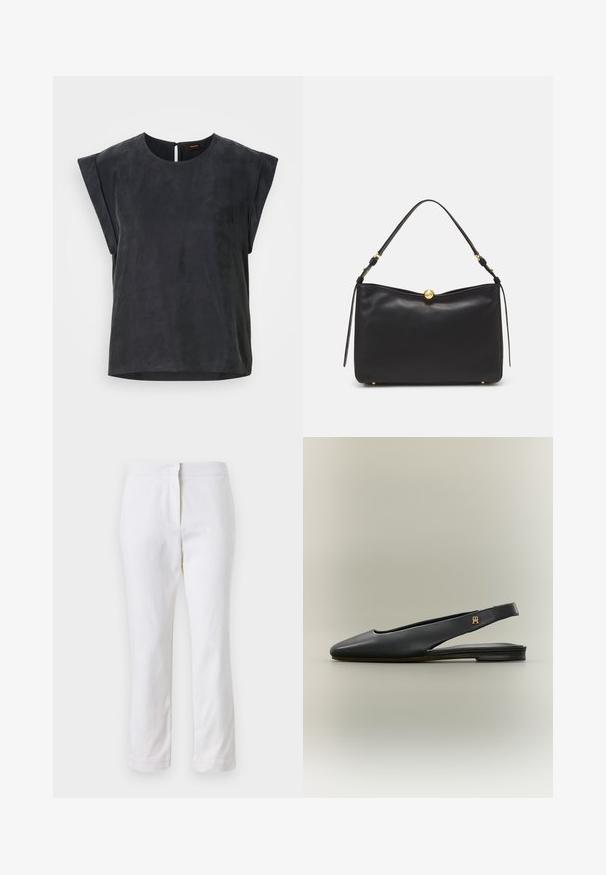 Top negro de manga corta con escote redondo y diseño minimalista. Textura suave con un brillo sutil, que cuenta con un cierre de ojal en la parte posterior.; Pantalones de algodón blancos con un diseño de pierna recta, que cuentan con una cintura de media altura y sin herrajes o patrones visibles. Textura suave en todo su recorrido.; Zapato plano negro de cuero con tira trasera, punta afilada y acento de logo dorado en la tira, mostrado sobre un fondo neutro.; Bolso de mano de cuero negro con una textura suave, forma estructurada y un cierre esférico dorado. Presenta un solo mango en la parte superior y detalles decorativos.