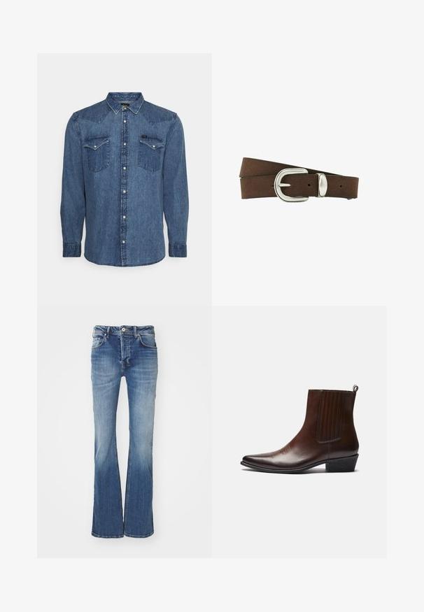 Langärmliges blaues Jeanshemd mit Druckknöpfen und zwei Brusttaschen, präsentiert vor einem einfarbigen hellen Hintergrund.; Ausgestellte blaue Jeans aus Denim mit mittlerem Waschungsgrad, im Fünf-Taschen-Design und mit Knopfverschluss. Verfügt über eine ausgebleichte Textur und leichte Abnutzungsspuren.; Braune Leder-Ankle-Boots mit spitzer Spitze, elastischen Seitenteilen, strukturierten Details auf der Vorderseite und einem niedrigen, gestapelten Absatz.; Reiss JONNY WESTERN - Gürtel - chocolate brown