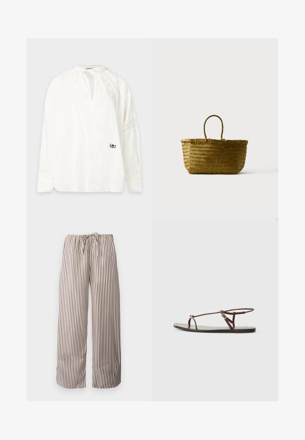 Blouse blanche à manches longues avec bordure en dentelle sur le col et les manches, encolure goutte d'eau avec liens, et petit logo sur le bas devant.; Pantalon large à rayures verticales marron et blanches, avec taille élastique et cordon à l'avant.; Sandale en cuir marron avec des fines lanières, un accent circulaire doré et une semelle plate. Design minimaliste avec un détail de boucle réglable.; Sac cabas en paille tressée avec une anse en boucle, forme rectangulaire arrondie et couleur naturelle marron sur un fond uni.