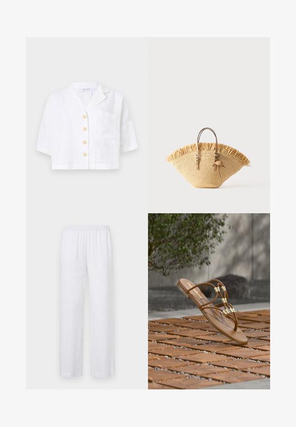 Chemise blanche en lin à manches courtes avec quatre boutons beiges, une poche poitrine et un col cranté, étiquetée DKNY.; ASPESI PANTALONE - Pantalon classique - white; Sandale plate marron avec des fines lanières et des accents dorés reposant sur une surface texturée en bois et pierre en plein air.; Sac cabas en paille tressée avec bord supérieur à franges, deux poignées en cuir camel avec détails de boucle, et un accessoire pompon en cuir.