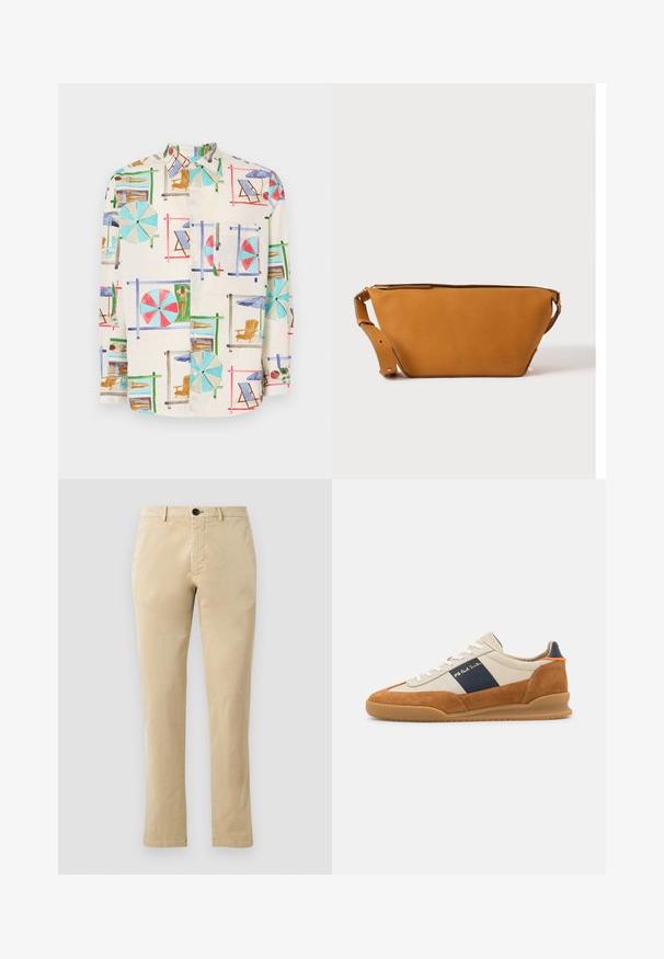 Korte ærmer knap-up skjorte i let stof, med et farverigt strandscene-print med parasoller, stole og solbadere.; Beige bomulds chinos med lige ben, der har en front knaplukning og diskrete syninger. Glat tekstur og uden mønstre.; PS Paul Smith DOVER - Sneakers - cognac/off-white; Lys brun læder crossbody taske med justerbar rem og lynlås, vist mod en ensartet lys baggrund.