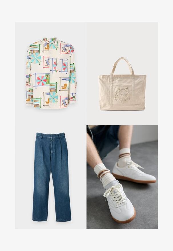 Kurzärmliges Hemd aus leichtem Stoff mit einem bunten Druck einer Strandszene, der Sonnenliegen, Sonnenschirme und Sonnenanbeter zeigt.; Blaue Jeanshose mit geradem Bein, hoher Taille, vorderen Falten und klassischem Knopfverschluss. Glatte Textur.; Weiße Ledersneaker mit glatter Textur, grauen Wildlederelementen, beigen Gummisohlen und flachen Schnürsenkeln. Kombiniert mit cremefarbenen und braun gestreiften Socken.; Beige Canvas-Tragetasche mit doppelten Griffen und einem geprägten Wolfskopfdesign auf der Fronttasche.