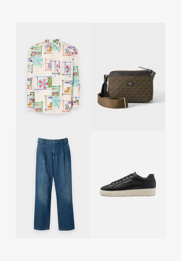Korte ærmer knap-up skjorte i let stof, med et farverigt strandscene-print med parasoller, stole og solbadere.; Blå denimbukser med lige ben, der har en høj talje, frontfolder og en klassisk knaplukning. Glat tekstur.; Sorte lædersneakers med en glat finish, kontrasterende cremefarvet sål, rund tå, guld logo på siden og seks huller til snørebånd.; Lille rektangulær brun crossbodytaske med mønstret tekstur, frontlogo-patch, lynlås og bred justerbar rem.