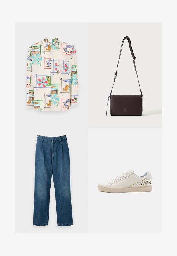 Chemise à manches courtes avec boutons en tissu léger, ornée d'un imprimé coloré représentant une scène de plage avec des parapluies, des chaises et des baigneurs.; Pantalons en denim bleu avec un design à jambes droites, dotés d'une taille haute, de plis à l'avant et d'une fermeture à bouton classique. Texture lisse.; Baskets en cuir blanc avec une texture lisse, présentant des motifs de lignes colorées au niveau du talon et une semelle en caoutchouc beige.; Sac bandoulière en cuir marron foncé texturé avec une sangle réglable et un petit accent décoratif bleu sur le côté.