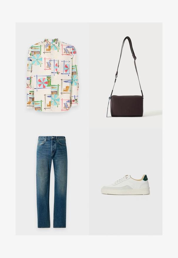 Kurzärmliges Hemd aus leichtem Stoff mit einem bunten Druck einer Strandszene, der Sonnenliegen, Sonnenschirme und Sonnenanbeter zeigt.; Blaue Denim-Jeans im Straight-Leg-Design, ausgestattet mit einem Fünf-Taschen-Stil, dezenten Verwaschungen und kontrastierenden Nähten.; Weiße Sneaker mit Wildlederelementen, runder Zehenpartie, flachen Schnürsenkeln und einer cremefarbenen Gummisohle. Mit grünen Markenlogo am Fersenbereich.; Dunkelbraune, strukturierte Leder-Crossbody-Tasche mit verstellbarem Riemen und kleinem dekorativen blauen Akzent an der Seite.