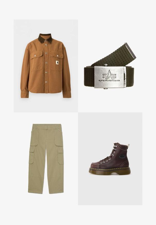 Braune Jacke mit Knopfleiste, dunkelbraunem Cordkragen, zwei vorderen Klappentaschen mit silbernen Druckknöpfen und einem kleinen rechteckigen Logoaufnäher auf der Brust.; Khakifarbene Cargohose mit mehreren Klappentaschen vorne und an den Seiten, geradem Bein und Gürtelschlaufen in der Taille.; Braune Leder-Ankle-Boots mit strukturierten Oberflächen, silbernen Ösen und gelben Nähten. Verfügt über eine robuste, transparente Sohle und eine Zuglasche.; Olivgrüner geflochtener Nylon-Gürtel mit einer silbernen Metallschnalle. Die Schnalle verfügt über ein eingeprägtes Logo und drei horizontale Linien, die ein robustes Design bieten.