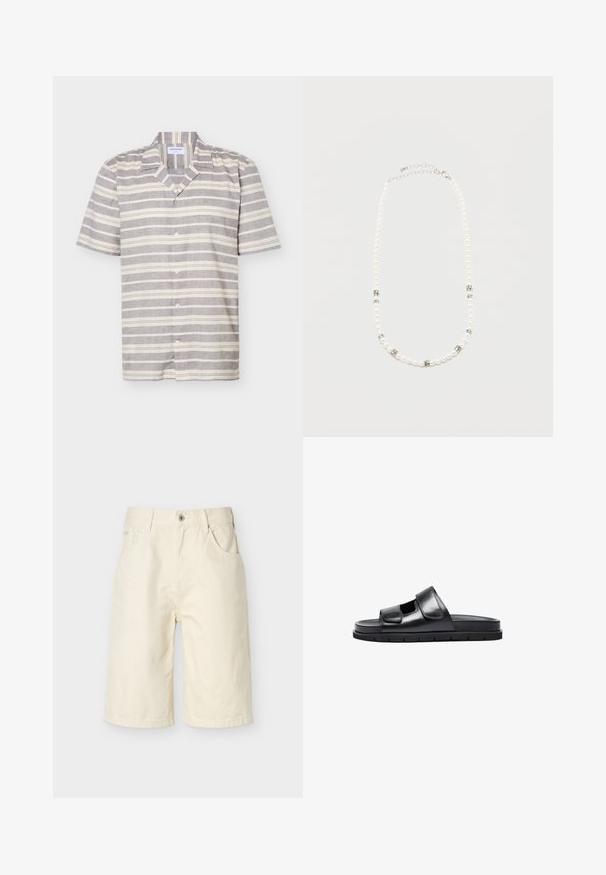 Chemise à manches courtes avec boutons, rayée horizontalement en gris et blanc, col cranté, présentée sur un fond blanc.; Shorts mi-cuisse couleur ivoire avec fermeture par bouton et fermeture éclair, passants pour ceinture et poches avant, sur un fond clair uni.; Sandal en cuir noir à enfiler avec une large bandoulière réglable, bout ouvert et semelle texturée. Design minimaliste avec une semelle intérieure plate et rembourrée.; Collier de perles blanches avec des intercalaires en strass argentés et un fermoir chaîne en argent, présenté sur un fond clair uni.