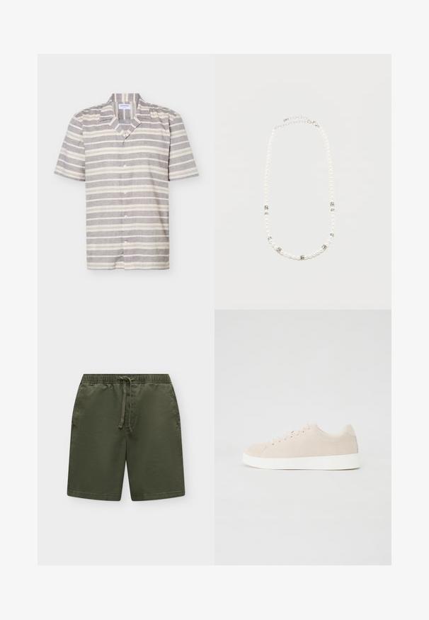 Chemise à manches courtes avec boutons, rayée horizontalement en gris et blanc, col cranté, présentée sur un fond blanc.; Shorts longueur genou vert olive avec taille élastique et cordon à l'avant, posés à plat sur un fond clair.; Baskets en daim beige avec semelles en caoutchouc blanc, bout rond et six œillets pour les lacets. Texture lisse avec un design minimaliste.; Collier de perles blanches avec des intercalaires en strass argentés et un fermoir chaîne en argent, présenté sur un fond clair uni.