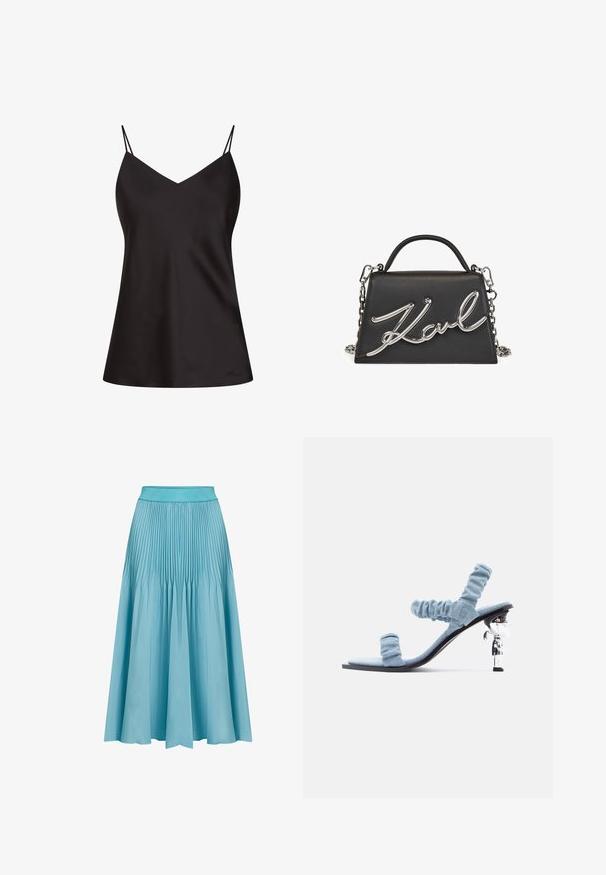 Camisón de satén negro con escote en V, tirantes finos ajustables y un corte holgado. Presenta una textura suave y un sutil logo en el dobladillo.; Falda midi plisada en azul claro. Cuenta con una cinturilla ancha, forma fluida y pliegues verticales que aportan textura y movimiento.; Sandalia de tela azul claro fruncida con punta cuadrada y tacón plateado esculpido con forma de una pequeña figura, vista de perfil lateral.; Bolso de mano de cuero negro con forma triangular, asa de cadena plateada y el prominente logo "Karl" en script metálico en la parte frontal.