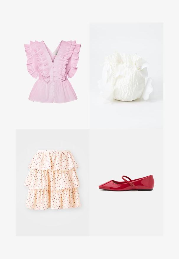 Helles pinkes Blusenshirt mit Rüschensleeves und V-Ausschnitt. Es hat eine Knopfleiste und ein tailliertes Oberteil, das in einen Peplum-Stil ausläuft.; Rüschensocke aus hellcremfarbenem Stoff mit roten Punkten. Verfügt über drei Lagen Rüschen am Saum und einen elastischen Bund.; Rote Ballerinas aus Lackleder mit spitzer Schuhspitze, Knöchelriemen und kleinem runden Akzent am Riemen. Flache Sohle und glatte Oberfläche.; Weißer Stoffbeutel mit strukturierter Oberfläche, ausgestattet mit einem Kordelzug, dekorativen weißen Blütenblättern und einem mit Perlen verzierten Tragegurt.