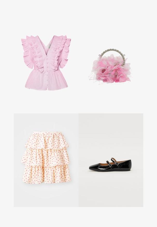 Blouse rose clair avec des manches volantes et un décolleté en V. Elle possède une fermeture à boutons à l'avant et un buste ajusté qui s'évase en style peplum.; Jupe à volants en tissu crème clair avec des pois rouges. Elle présente trois couches de volants au bas et une taille élastique.; Ballerine plate en cuir verni noir avec un bout pointu, deux brides ajustables avec boucles, et une semelle plate. Texture lisse avec une finition brillante.; Sac à main floral rose composé de pétales superposés, doté d'une poignée en métal incrustée de bijoux et de fibres métalliques éparpillées pour ajouter de la texture.