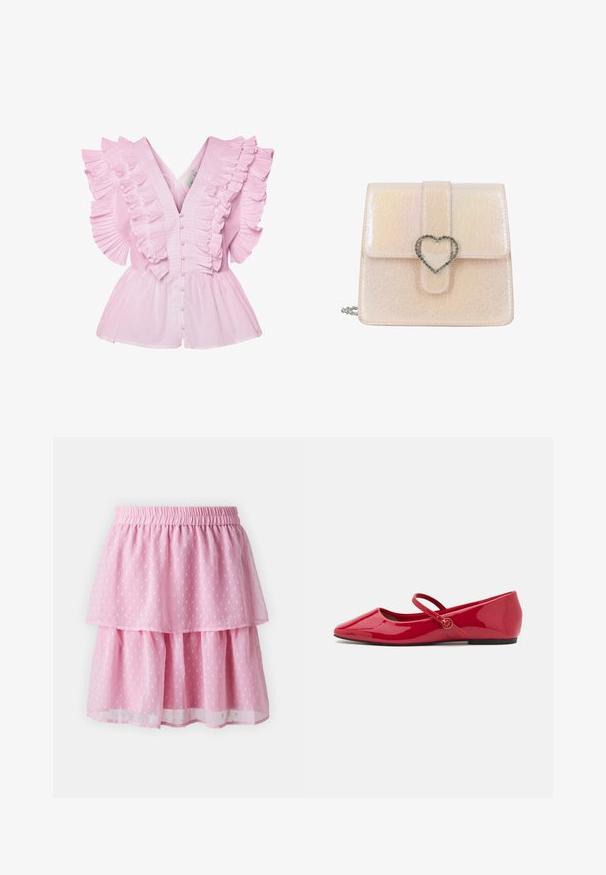 Lyserød bluse med flæsekantede ærmer og V-udskæring. Den har knaplukning foran og en tætsiddende bodice, der udvides til en peplum-stil.; Rosa lagdelt nederdel lavet af letvægtsstof, med en rynket elastisk talje og subtil mønstertekstur gennem hele. ; Røde ballerinasko i laklæder med spids snude, ankelrem og en lille rund detalje på remmen. Flad sål og glat tekstur.; Lille lyserød skinnende håndtaske med tekstureret overflade og en sølvfarvet hjerteformet lås på frontklappen.